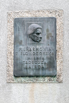Zielona Gora, Poland - June 1, 2021: Sign Tadeusz Baird Philharmonic in Zielona Gora.