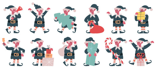 Christmas elf characters. Xmas Santa Claus little helpers, cute Christmas elves mascots vector illustration set. Cartoon Santa helpers dwarfs