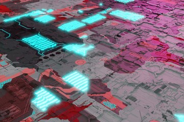 Motherboard system chip with neon glowing elements. Circuit board futuristic background. Computer technology and internet concept. 3d render illustration