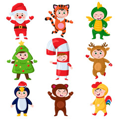 Obraz na płótnie Canvas Cartoon kids wearing Christmas costumes. Kids in carnival party reindeer, fir tree and penguin costumes vector illustration set. Kids in Christmas costumes