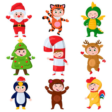 Cartoon kids wearing Christmas costumes. Kids in carnival party reindeer, fir tree and penguin costumes vector illustration set. Kids in Christmas costumes