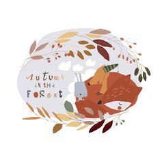 Cartoon Little Fox sleeping with Rabbit in Autumn Wreath