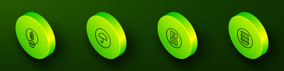 Set Isometric line Gluten free grain, Delivery package with umbrella, Temperature wash and Bowl icon. Vector