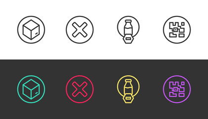 Set line Carton cardboard box, X Mark, Cross in circle, Lactose free and QR code on black and white. Vector