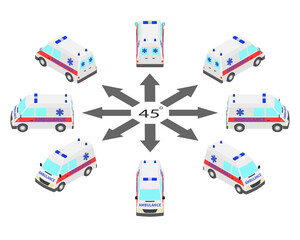 Rotation of the ambulance by 45 degrees. Ambulance in different angles in isometric.