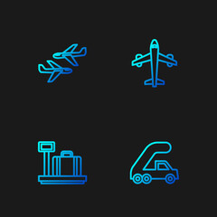 Set line Passenger ladder for plane boarding, Scale with suitcase, Plane and . Gradient color icons. Vector