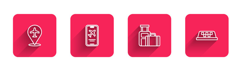 Set line Plane, Mobile with ticket, Suitcase and Taxi car roof with long shadow. Red square button. Vector
