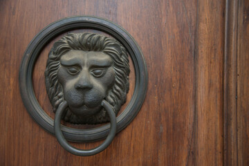 Knocker on the wooden door in the form of lava