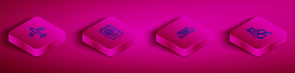 Set Isometric line Plane, Passport, Taxi car roof and Lost baggage icon. Vector