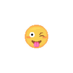 Pixel art Winking Emoji face with tongue icon. Vector cute pixel joking winky emoticon. Funny joke Emoji in retro pixel 8 bit style. Winking tease emoji yellow face isolated icon.