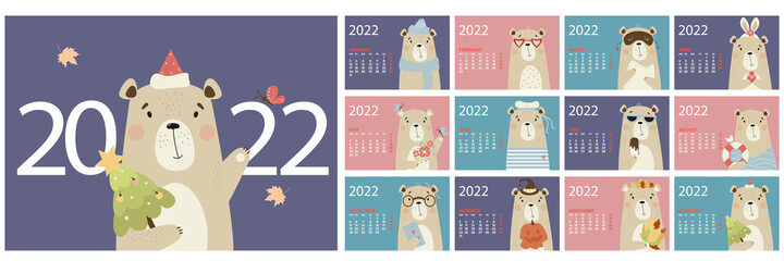 Annual calendar template 2022. Set of 12 pages and cover with cute bear in English. Vector illustration. Horizontal calendar Week from Monday. Animal character in flat style on bright background