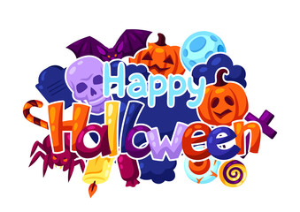 Happy Halloween greeting card with celebration items. Illustration or background for party.