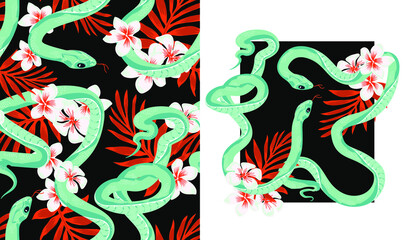 set of designs Beautiful pattern with snake and tropical leaves. Beautiful all-over print with exotic plants and snake, Abstraction pattern for printing on paper, postcards, children's clothing, beddi