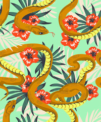 tropical palm leaves and snakes seamless pattern. Summer jungle art. Fashionable template for clothes, textiles, t-shirt design