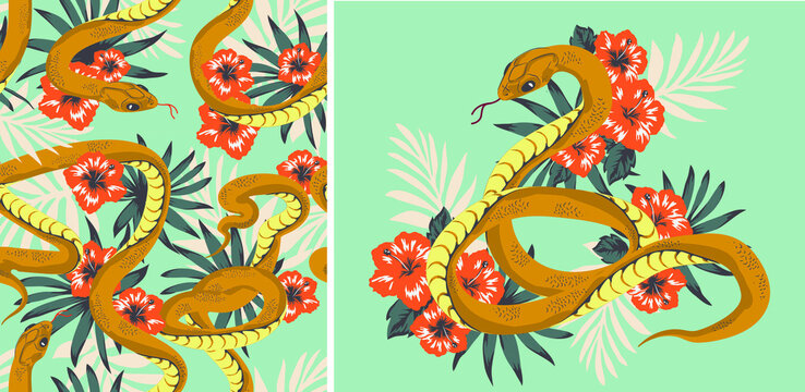 set of designs Beautiful pattern with snake and tropical leaves. Beautiful all-over print with exotic plants and snake, Abstraction pattern for printing on paper, postcards, children's clothing, beddi