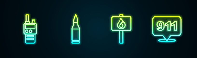 Set line Walkie talkie, Bullet, Protest and Telephone call 911. Glowing neon icon. Vector