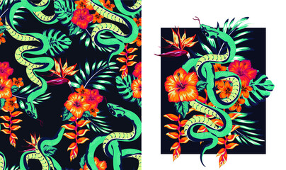 set of illustration of a snake and flowers, Abstraction pattern for printing on paper, postcards, baby clothes, bed linen, textiles.