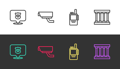 Set line Police badge, Security camera, Walkie talkie and Prison window on black and white. Vector