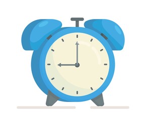 Vector illustration of an isolated blue alarm clock. The time is 9 am. The clock is isolated on a white background. The alarm clock is ringing. Wake up. 