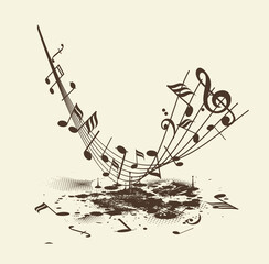 Music notes, vintage bstract musical background. Vector illustration.