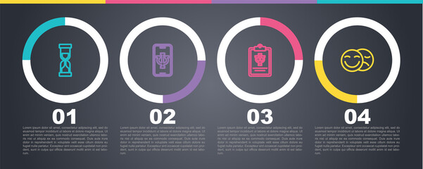 Set line Old hourglass, Psychologist online, Psychology, Psi and Comedy and tragedy masks. Business infographic template. Vector