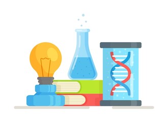 Vector illustration of science lab icons on a white background. Physical and chemical instruments. Light bulb, books, flask, DNA. DNA test taking. 