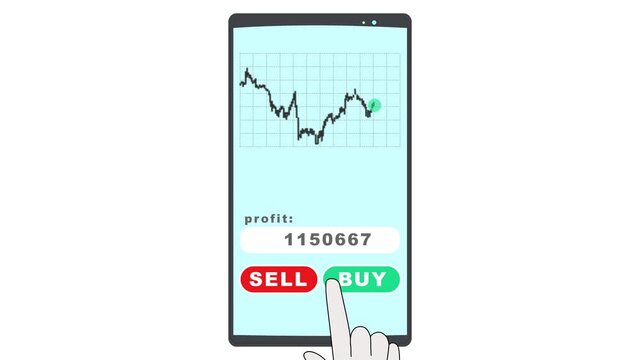 Animation of chart on a mobile device. Hand touch buy and sell buttons. White background and transparent with alpha channel. Concept of trading on phone, buying and selling financial assets.
