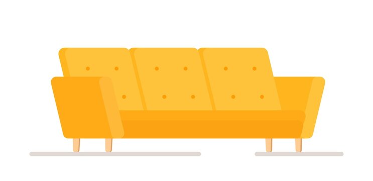Vector Illustration Of An Isolated Yellow Couch On A White Background. Bright Yellow Chair In Cartoon Style. Modern Comfortable Chair For Interior Furniture.
