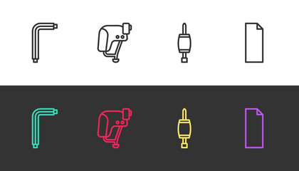 Set line Tool allen keys, Skateboard helmet, Screwdriver and Grip tape on skateboard on black and white. Vector