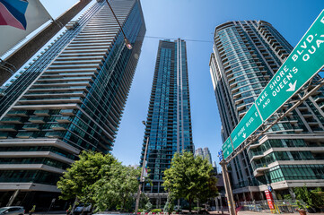Naklejka premium downtown Toronto harbor front area by the Gardiner expressway entrance and bay st