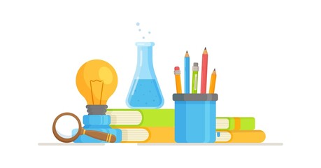 Vector illustration of instruments for chemistry, physics and other sciences. Practical work in school lessons in chemistry and physics.