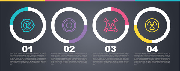 Set line Radioactive, Power button, Bones and skull warning and . Business infographic template. Vector