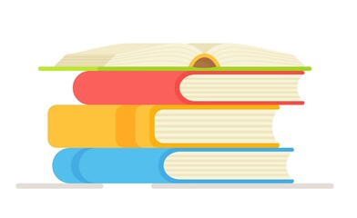 Vector illustration of a stack of books on a white background. Open book on red cover and stack of books with vector illustration of flat design. Template for bookstore advertising. 