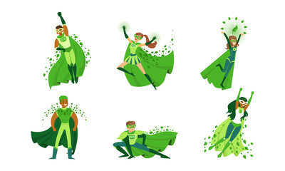 Eco Superhero Character Wearing Green Waving Cloak and Mask Vector Set - obrazy, fototapety, plakaty