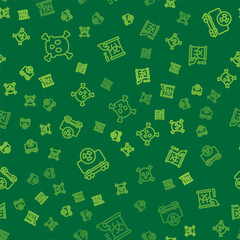 Set line Bones and skull warning, Radioactive cargo train and waste barrel on seamless pattern. Vector