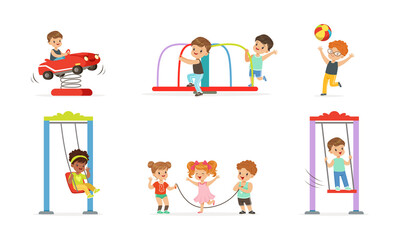 Little Children Playing and Having Fun at Playground Swinging and Jumping Rope Vector Set