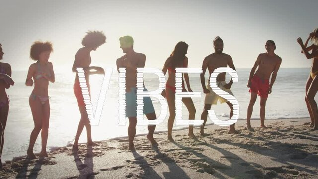 Animation of text vibes over people by seaside