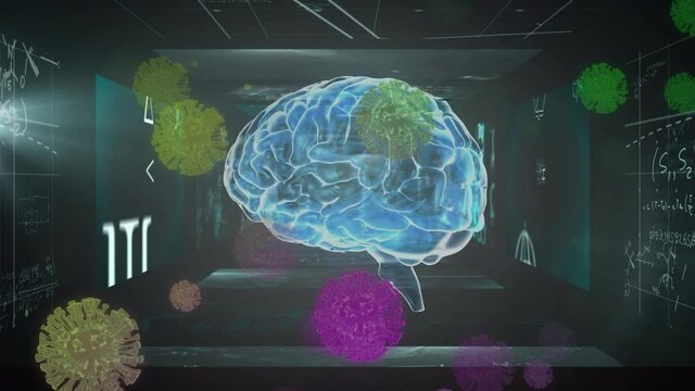 Animation of covid 19 cells with human brain spinning and screens with data processing