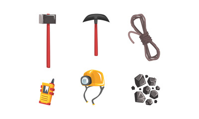 Coal and Ore Mining Industry with Pickaxe and Hammer Vector Set