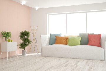White living room with sofa. Scandinavian interior design. 3D illustration