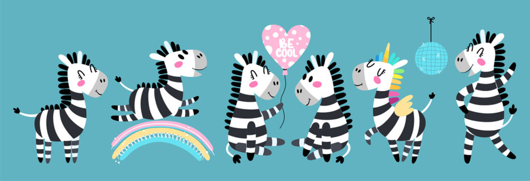 Set of cartoon zebra. Funny black and white animal in different poses. Vector illustration of a zebra in a hand-drawn style for prints, posters, stickers.
