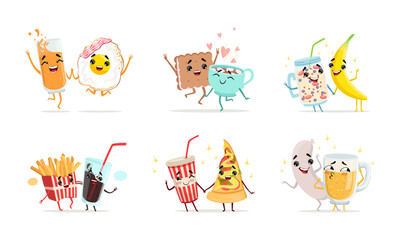Couple of Smiling Food and Drink Characters Holding Hands Vector Set