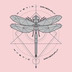Mystic Dragonfly Geometric Drawing Tattoo or Logo. Blackwork Art. Isolated vector symbol.