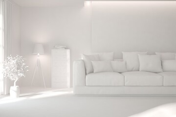 Mock up of stylish room in white color with sofa. Scandinavian interior design. 3D illustration