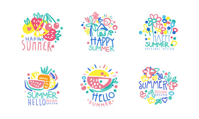 Fototapeta na wymiar Bright Hello Summer Logo or Label for Seasonal Vacation Design Vector Set