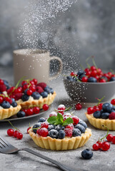 Berry tartlets with curd cream on a gray background. Summer fruit baking. Tartlets with raspberries, blueberries and red currants. Flying powdered sugar. Selective focus