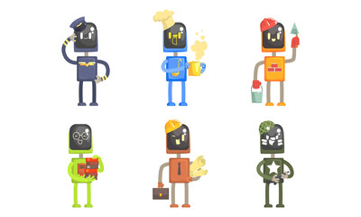 Robot of Different Professions Set, Pilot, Cook, Builder, Librarian, Architect, Soldier Cartoon Vector Illustration