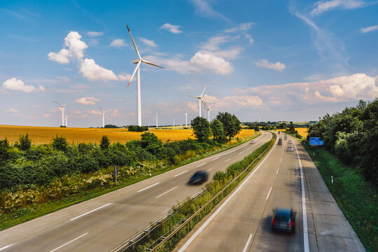 German autobahn and wind farms in the field 