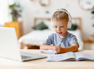 Smart boy during online lesson at home