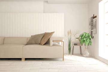 Modern living room in white color with sofa. Scandinavian interior design. 3D illustration